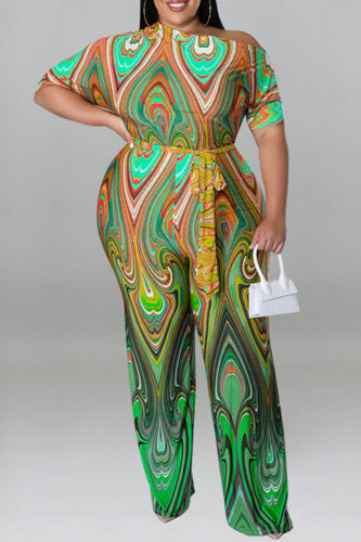 Green Fashion Casual Print Basic Oblique Collar Plus Size Jumpsuits
