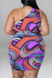 Blue Sexy Print Hollowed Out Draw String Frenulum Backless One Shoulder Sleeveless Dress Plus Size Dresses