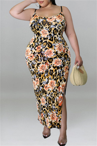 Orange Fashion Sexy Plus Size Print Backless Slit Spaghetti Strap Long Dress