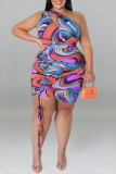 Blue Sexy Print Hollowed Out Draw String Frenulum Backless One Shoulder Sleeveless Dress Plus Size Dresses