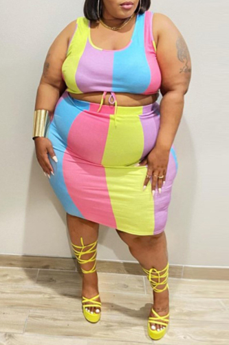 Pink Fashion Casual Print Patchwork U Neck Plus Size Two Pieces
