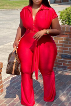 Red Fashion Casual Solid Split Joint Turndown Collar Plus Size Jumpsuits