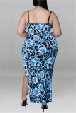 Blue Fashion Sexy Plus Size Print Backless Slit Spaghetti Strap Long Dress