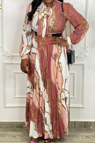 Pink Casual Print Patchwork Fold O Neck Straight Dresses