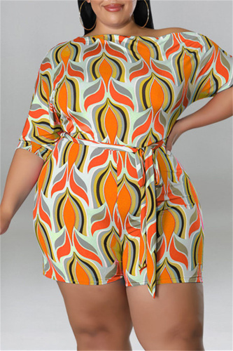 Yellow Fashion Casual Print Basic Oblique Collar Plus Size Romper