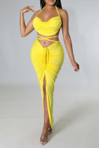 Yellow Sexy Solid Bandage Split Joint Backless Fold Halter Sleeveless Two Pieces
