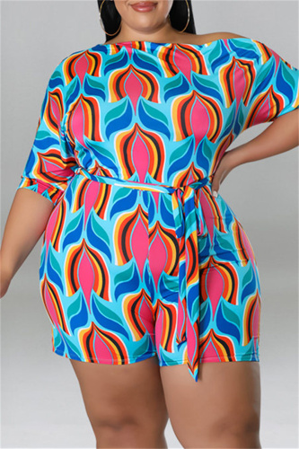 Blue Fashion Casual Print Basic Oblique Collar Plus Size Romper