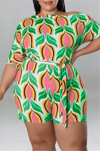 Green Fashion Casual Print Basic Oblique Collar Plus Size Romper
