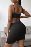 Black Sexy Casual Solid Hollowed Out Backless Spaghetti Strap One Step Skirt Dresses