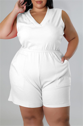 White Fashion Casual Solid Patchwork V Neck Plus Size Romper