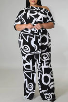 Black And White Fashion Casual Print Basic Oblique Collar Plus Size Jumpsuits
