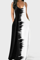 Black White Casual Print Split Joint Spaghetti Strap Sling Dress Dresses