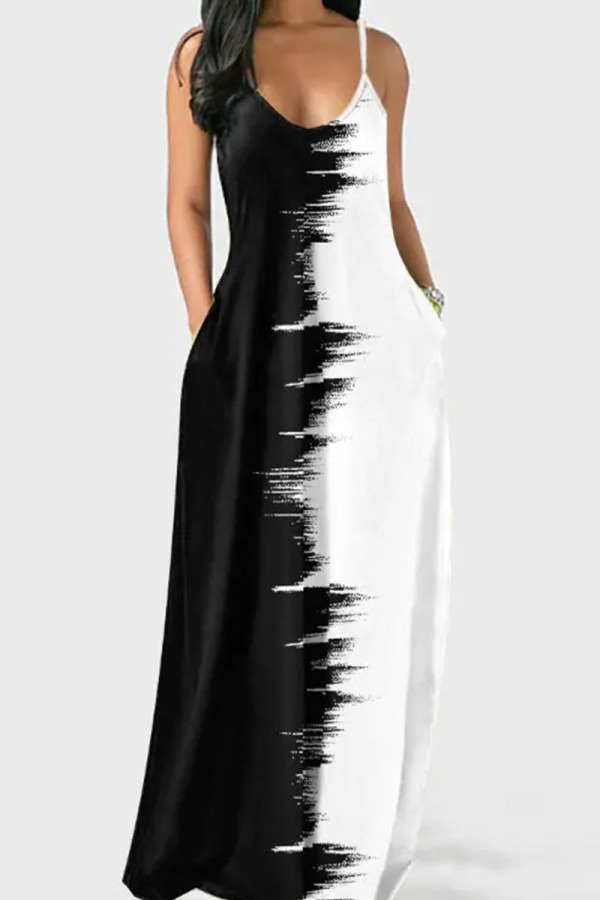 Black White Casual Print Patchwork Spaghetti Strap Sling Dress Dresses
