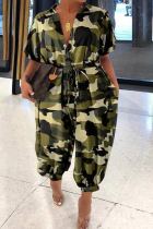 Army Green Casual Print Split Joint Buckle Turndown Collar Loose Jumpsuits