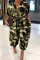 Army Green Casual Print Patchwork Buckle Turndown Collar Loose Jumpsuits