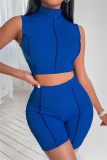 Royal Blue Fashion Casual Sportswear Solid Patchwork Turtleneck Sleeveless Two Pieces
