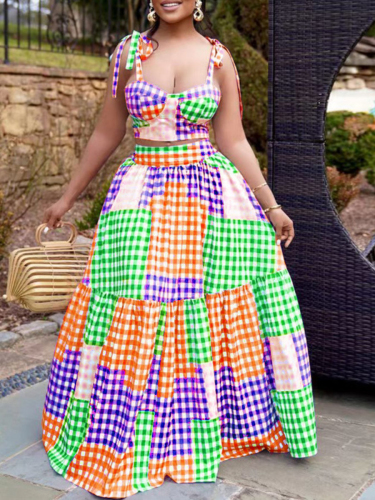 Blue Casual Not Positioning Printed Bandage Backless Spaghetti Strap Plus Size Two Pieces