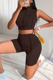 Coffee Fashion Casual Sportswear Solid Patchwork Turtleneck Sleeveless Two Pieces