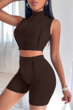 Coffee Fashion Casual Sportswear Solid Patchwork Turtleneck Sleeveless Two Pieces