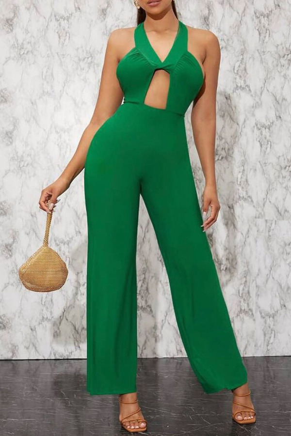 Green Sexy Solid Hollowed Out Patchwork Backless Halter Straight Jumpsuits
