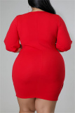 Red Fashion Casual Solid Bandage V Neck A Line Plus Size Dresses