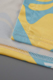 Yellow Fashion Casual Print Basic Turndown Collar Short Sleeve Two Pieces
