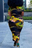 Yellow Sexy Print Patchwork O Neck One Step Skirt Plus Size Dresses
