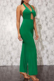 Green Sexy Solid Hollowed Out Patchwork Backless Halter Straight Jumpsuits