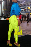 Fluorescent Yellow Casual Solid Patchwork Flounce High Waist Pencil Solid Color Bottoms
