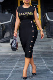 Black Fashion Casual Solid Patchwork Slit Regular High Waist Skirt