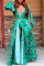 Green Sexy Print Hollowed Out Backless V Neck Asymmetrical Dresses