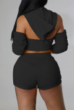 Black Fashion Casual Letter Solid Patchwork Backless Hooded Collar Three Quarter Two Pieces