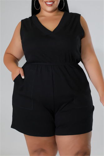 Black Fashion Casual Solid Patchwork V Neck Plus Size Romper