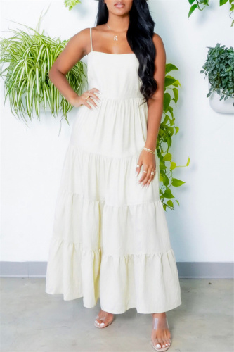 White Fashion Casual Solid Backless Spaghetti Strap Long Dress