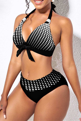 Black Sexy Print Bandage Patchwork Backless Swimwears Three-piece Set (With Paddings)