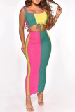 Pink Sexy Striped Patchwork Square Collar Sleeveless Two Pieces