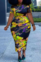 Yellow Sexy Print Split Joint O Neck One Step Skirt Plus Size Dresses