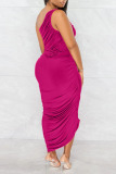 Rose Purple Casual Solid Patchwork Fold Asymmetrical Oblique Collar Dresses