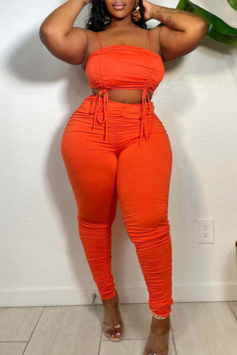 Tangerine Red Sexy Solid Patchwork Fold Spaghetti Strap Sleeveless Two Pieces