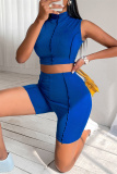 Royal Blue Fashion Casual Sportswear Solid Patchwork Turtleneck Sleeveless Two Pieces