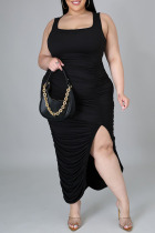Black Fashion Sexy Solid Slit Fold Square Collar Vest Dress Plus Size Dresses