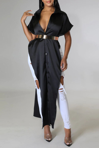 Black Fashion Sexy Solid Patchwork Buckle Asymmetrical Turndown Collar Tops