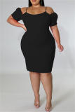 Black Fashion Casual Solid Patchwork Off the Shoulder Short Sleeve Dress Plus Size Dresses