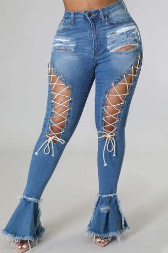 Baby Blue Sexy Street Solid Bandage Hollowed Out Patchwork High Waist Denim Jeans