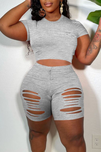Grey Casual Solid Ripped Patchwork O Neck Short Sleeve Two Pieces