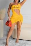 Yellow Sexy Print Hollowed Out Draw String Frenulum Backless One Shoulder Sleeveless Dress