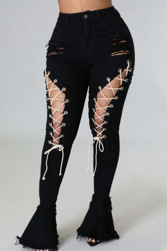 Black Sexy Street Solid Bandage Hollowed Out Patchwork High Waist Denim Jeans
