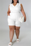 White Fashion Casual Solid Patchwork V Neck Plus Size Romper