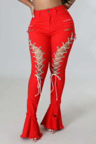 Red Sexy Street Solid Bandage Hollowed Out Split Joint High Waist Denim Jeans
