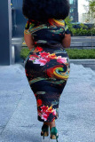Red Sexy Print Patchwork O Neck One Step Skirt Plus Size Dresses
